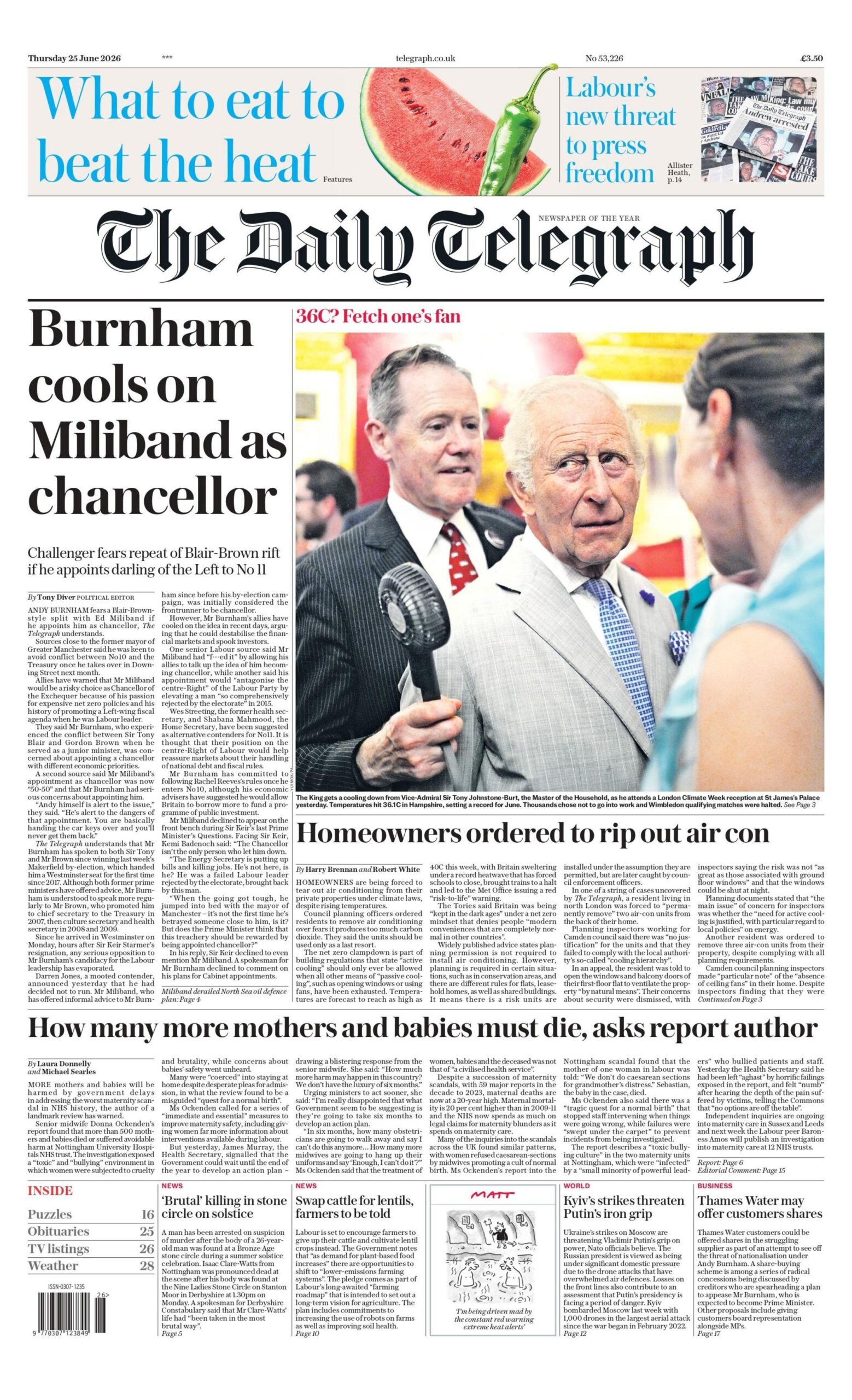 "Burnham cools on Miliband as chancellor," reads the headline on the front page of the Daily Telegraph.