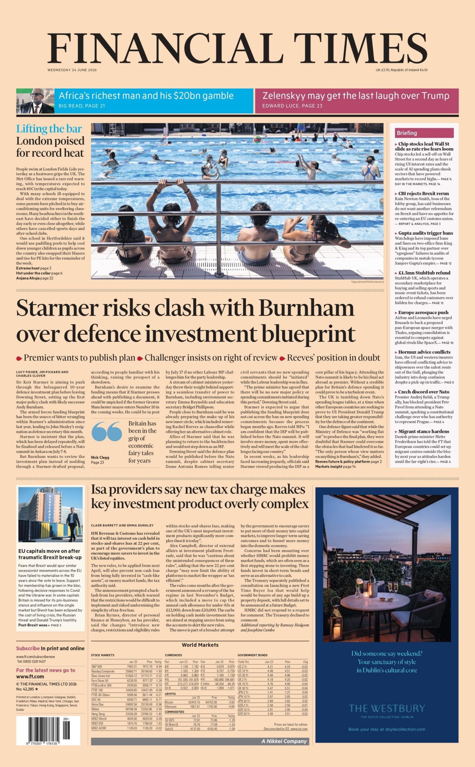 "Starmer risks clash with Burnham over defence investment blueprint," reads the headline on the front page of the Financial Times.