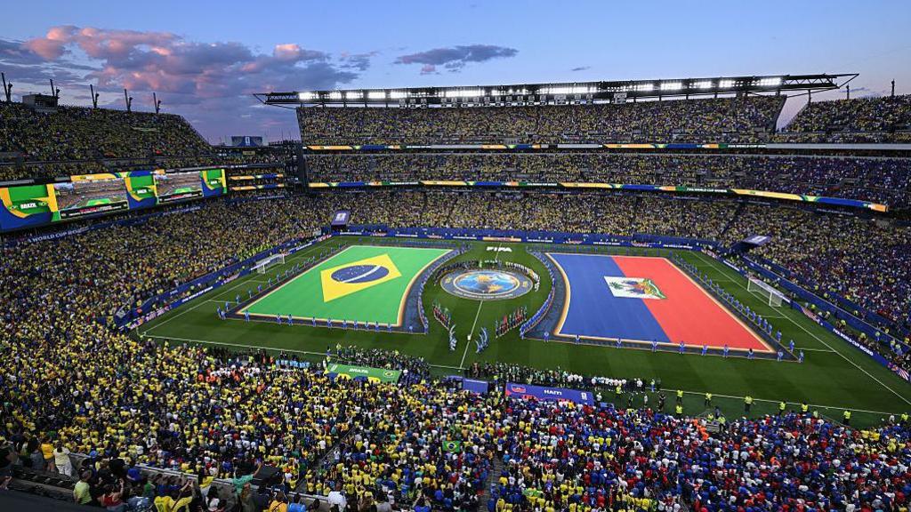 A wide view of Philadelphia Stadium with Brazil and Haiti flags on the pitch