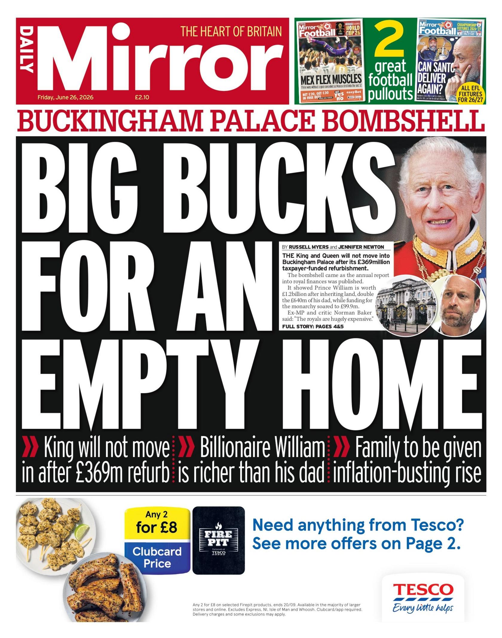 "Buckingham Palace bombshell: Big bucks for an empty home," reads the headline on the front page of the Daily Mirror.
