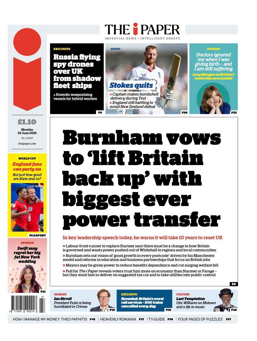 "Burnham vows to 'lift Britain back up' with biggest ever power transfer" reads the headline on the front page of The i Paper.
