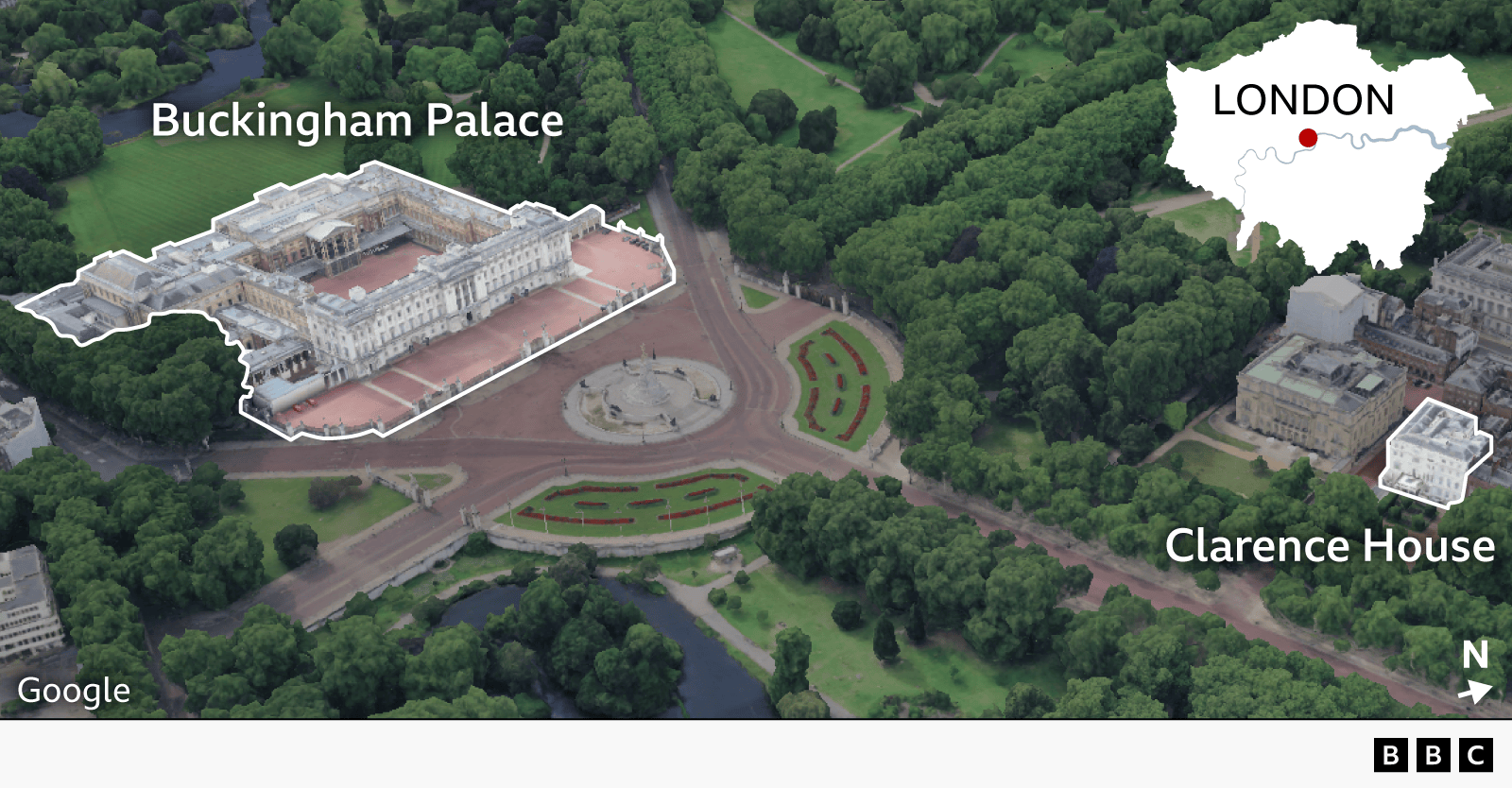 A birdseye view of Buckingham Palace and Clarence House