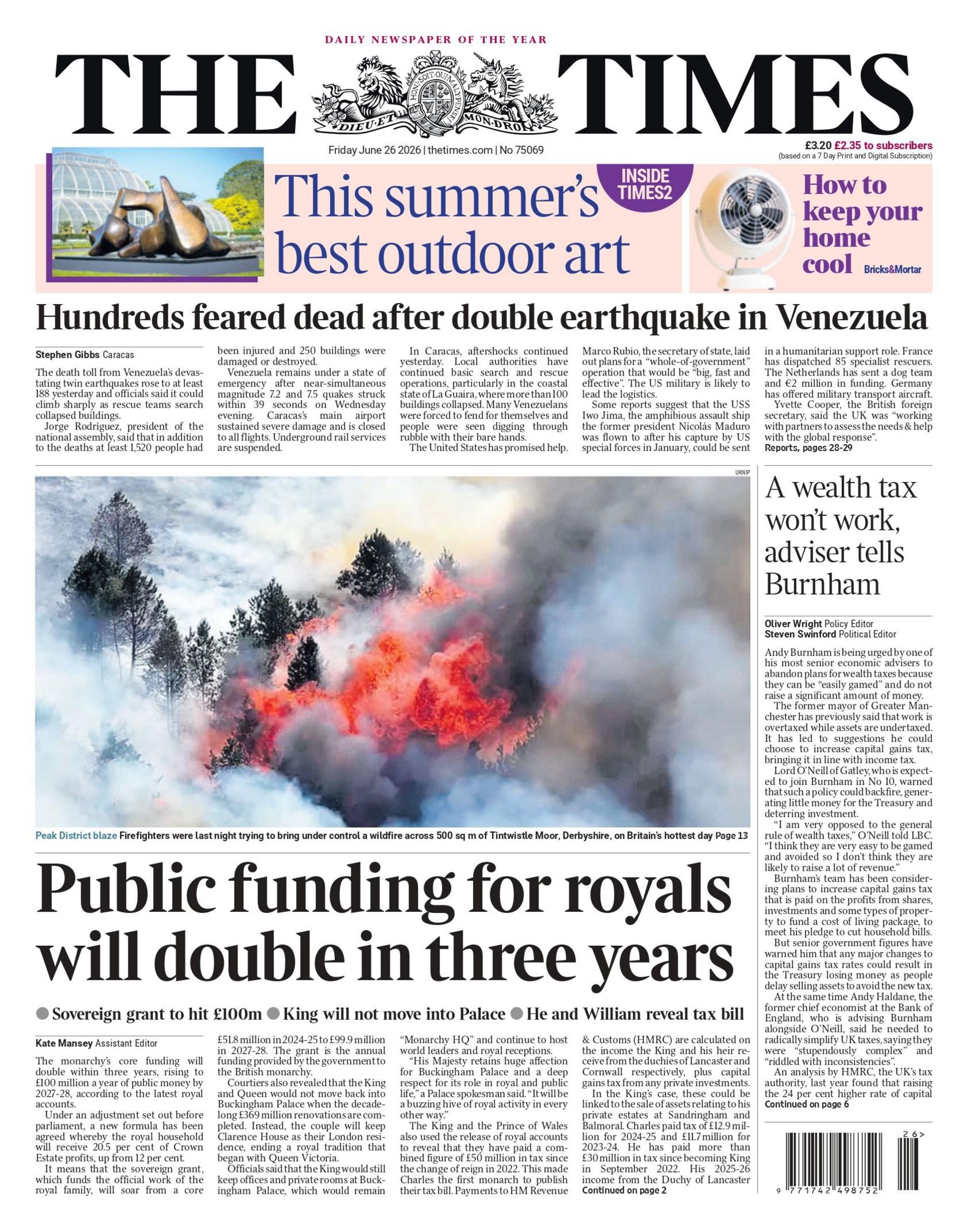 "Public funding for royals will double in three years," reads the headline on the front page of the Times.