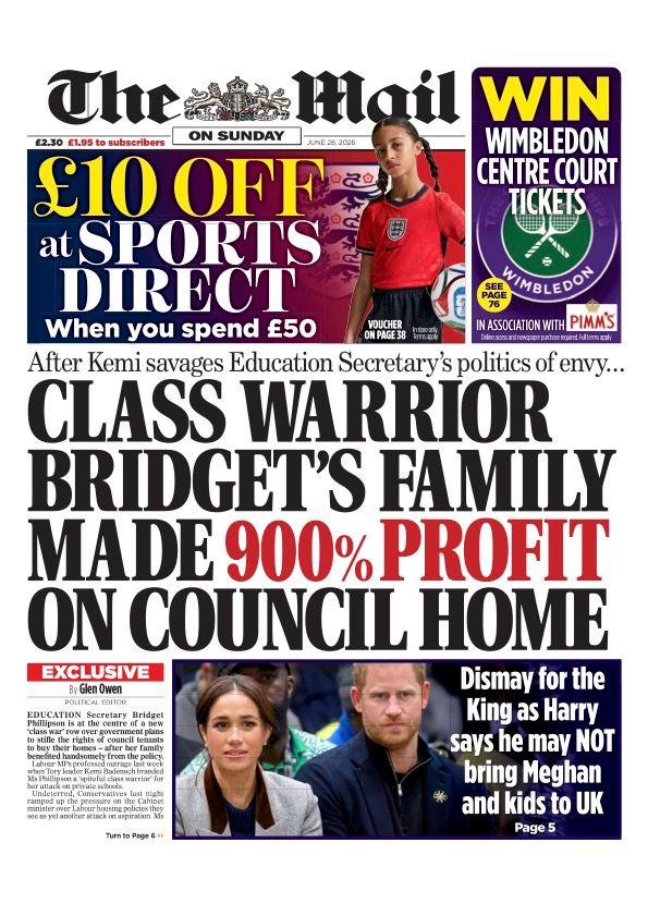 The headline on the front page of the Mail on Sunday reads: "Class warrior Bridget's family made 900% profit on council home."