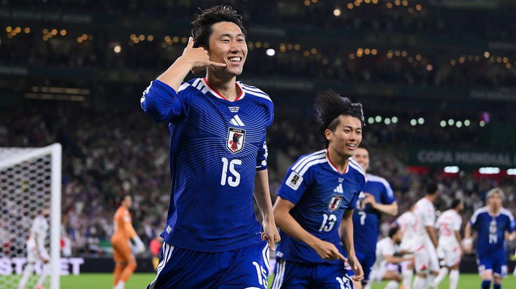 Daichi Kamada of Japan celebrates scoring his team's first goal during the FIFA World Cup 2026 Group F match between Tunisia and Japan at Monterrey Stadium