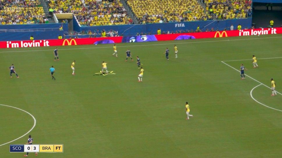 Image 1/2 showing how Matheus Cunha drops deep to get the ball and then can carry it into the oppostion half. Here, Cunha (shown by the star) is in his own half to help break up a Scotland attack and has just collected the ball from Brazil's right-back Danilo...