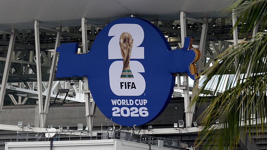 The FIifa World Cup 2026 logo is seen covering the Hard Rock Stadium signage