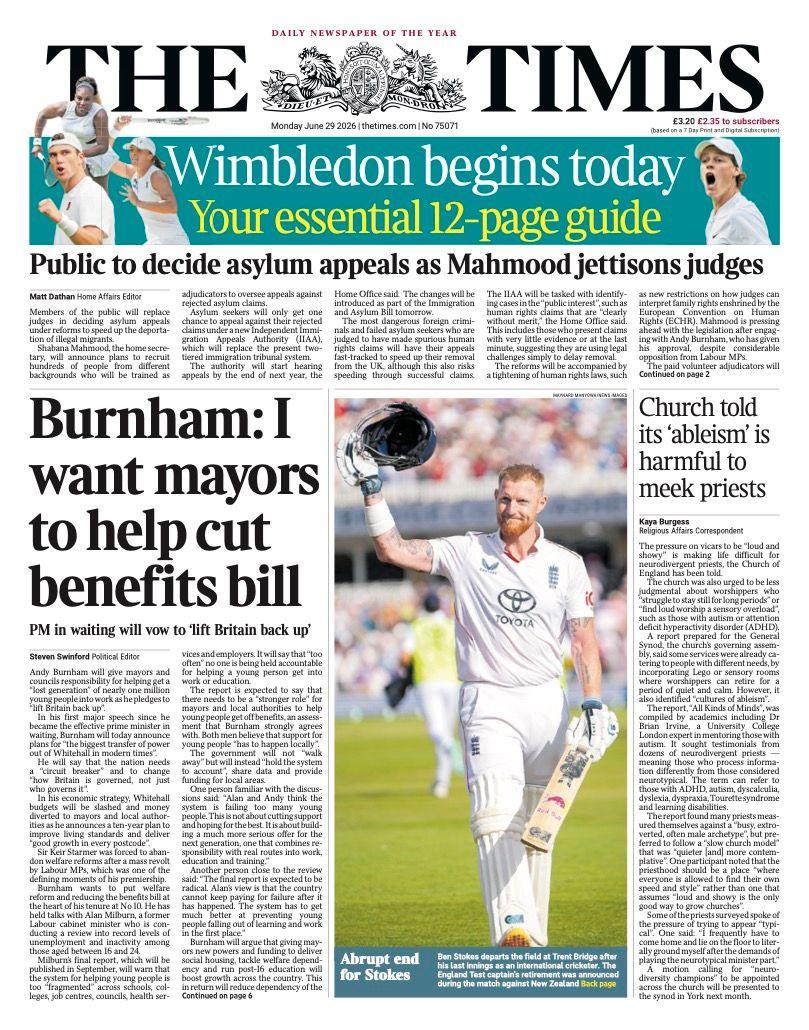 "Burnham: I want mayors to help cut benefits bill" reads the headline on the front page of the Times.