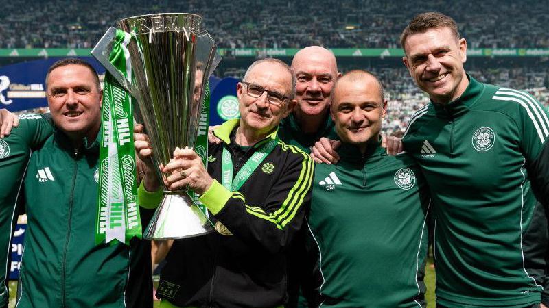 Celtic manager Martin O'Neill and his coaching staff (L-R), Mark Fotheringham, Stevie Woods, Shaun Maloney and Stephen McManus