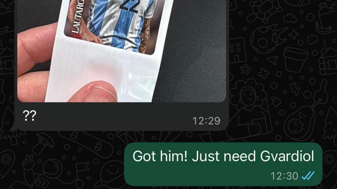 A screenshot of a text message shows a photograp of a hand holding an sticker of Argentinian footballer Lautaro Martinez and text with two question marks. The green reply messsage says "Got him! Just need Gvardiol"