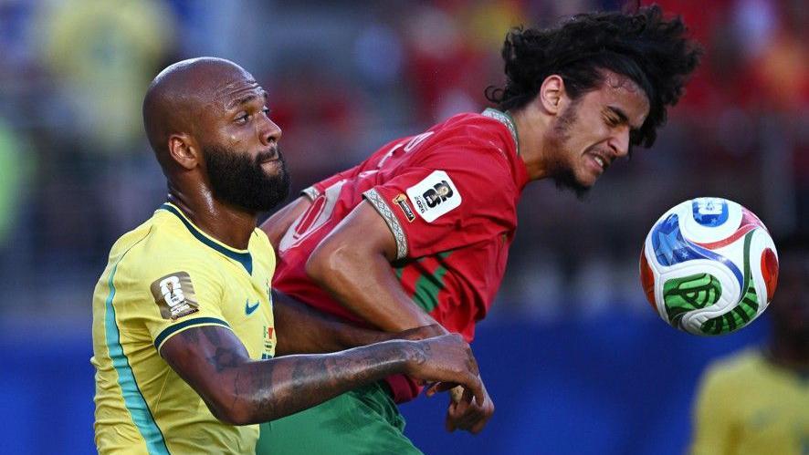 Brazil's Igor Thiago competes for the ball with Ayyoub Bouaddi at the 2026 World Cup