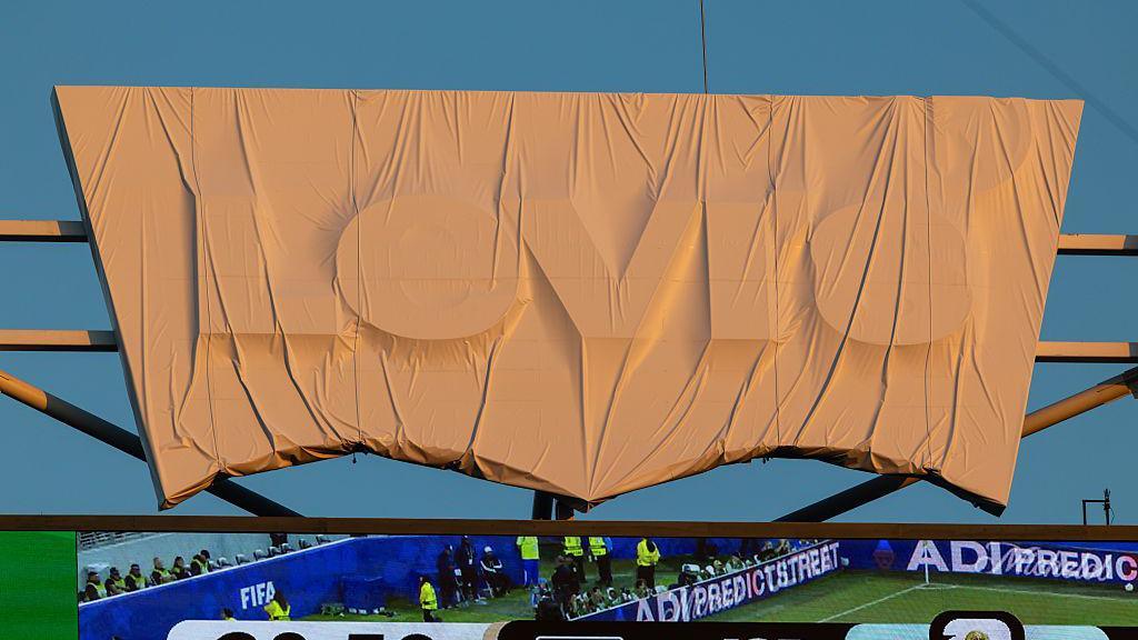 A tarpaulin over the Levi's branding at the Levi's Stadium in San Francisco Bay