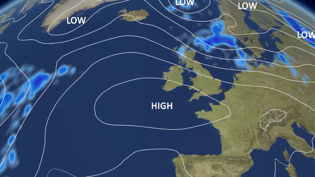 BBC Weather graphic showing a large area of high pressure sitting over western France and the south-east of the UK