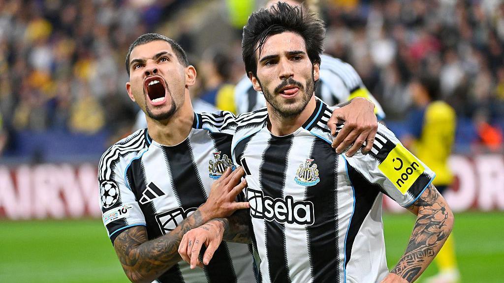 Bruno Guimaraes and Sandro Tonali celebrate after Newcastle United's goal against Union Saint-Gilloise on 1 October 2025