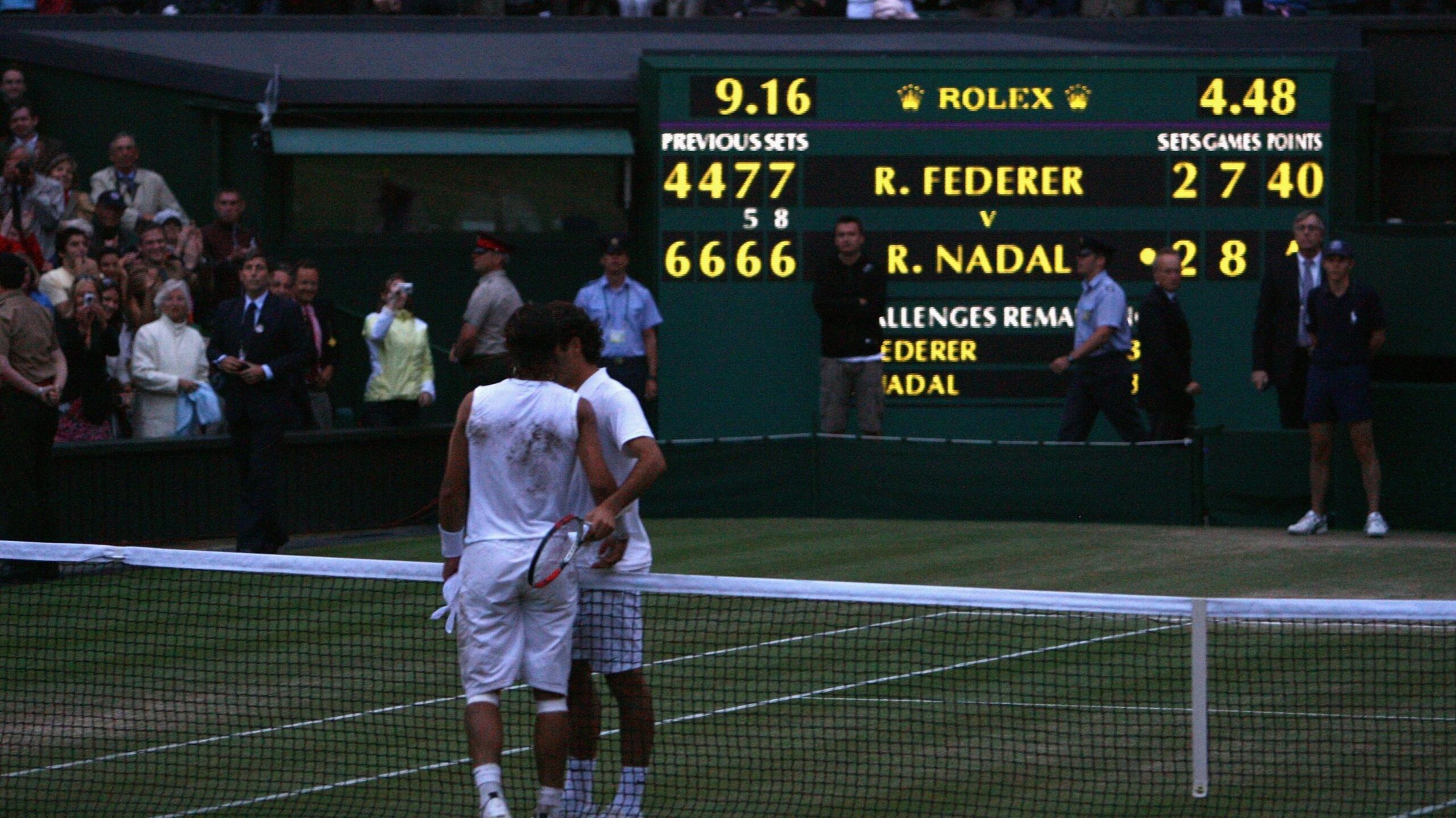 Rafael Nadal hugs Roger Federer at the end of their epic Wimbledon final in 2008