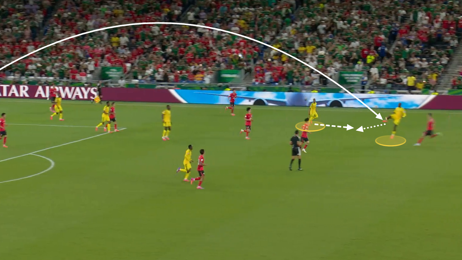 Screengrab from South Africa 1-0 South Korea. Via drawn arrows, the trajectory of the ball is illustrated as a South African defender dinks the ball into midfield and the forward flicks it on for teammate.