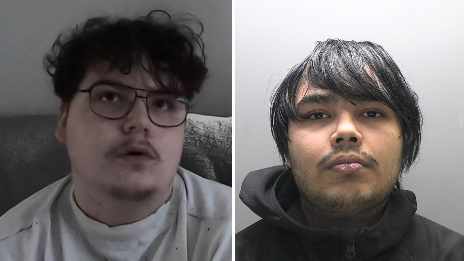A side-by-side composite of two young men: Owen Flowers on the left has dark curly hair, large aviator-style glasses, and a light moustache, looking slightly upwards in a grey top; the one on the right has straight dark hair swept across his forehead, light facial hair, and looks directly forward in a black hooded jacket.