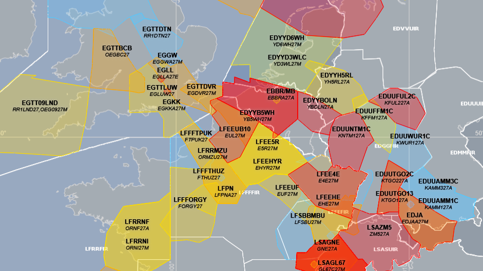Air traffic control mapping showing airspace delays as of 12:50 BST, with delays of less than 15 minutes in blue and more than 45 minutes in red