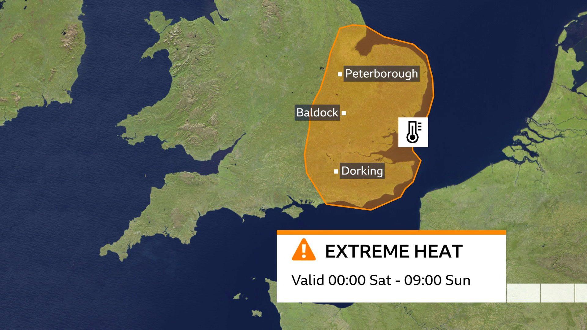 A graphic showing an area of the east and south-east UK where an amber extreme heat warning is in effect until 09:00 on Sunday.