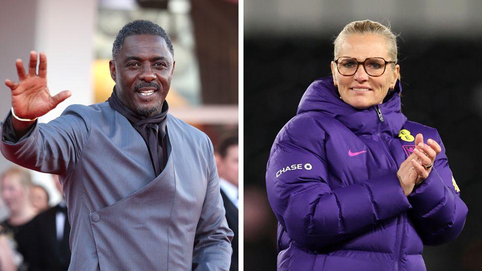 Two individuals shown side by side in separate frames. Idris Elba is wearing a grey suit jacket with a diagonal wrap design and is raising one hand to wave. Sarina Wiegman is wearing a thick purple sports jacket with visible England logos while clapping her hands together.