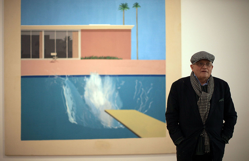 Artist David Hockney stands by 'A bigger splash 1967' one of his works on display at the new Nottingham Contemporary art space