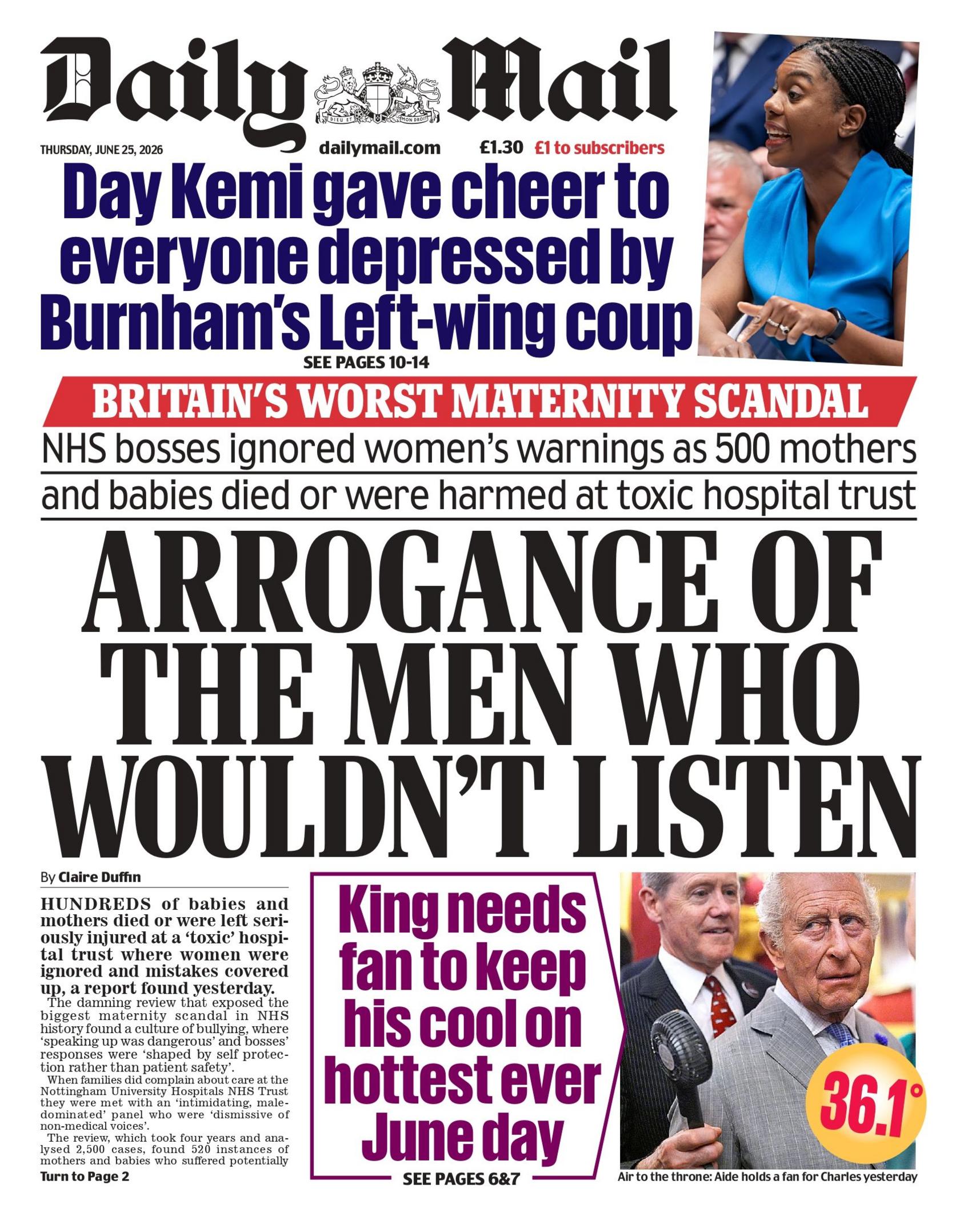 "Arrogance of men who wouldn't listen", the Daily Mail writes in its headline on the front page.