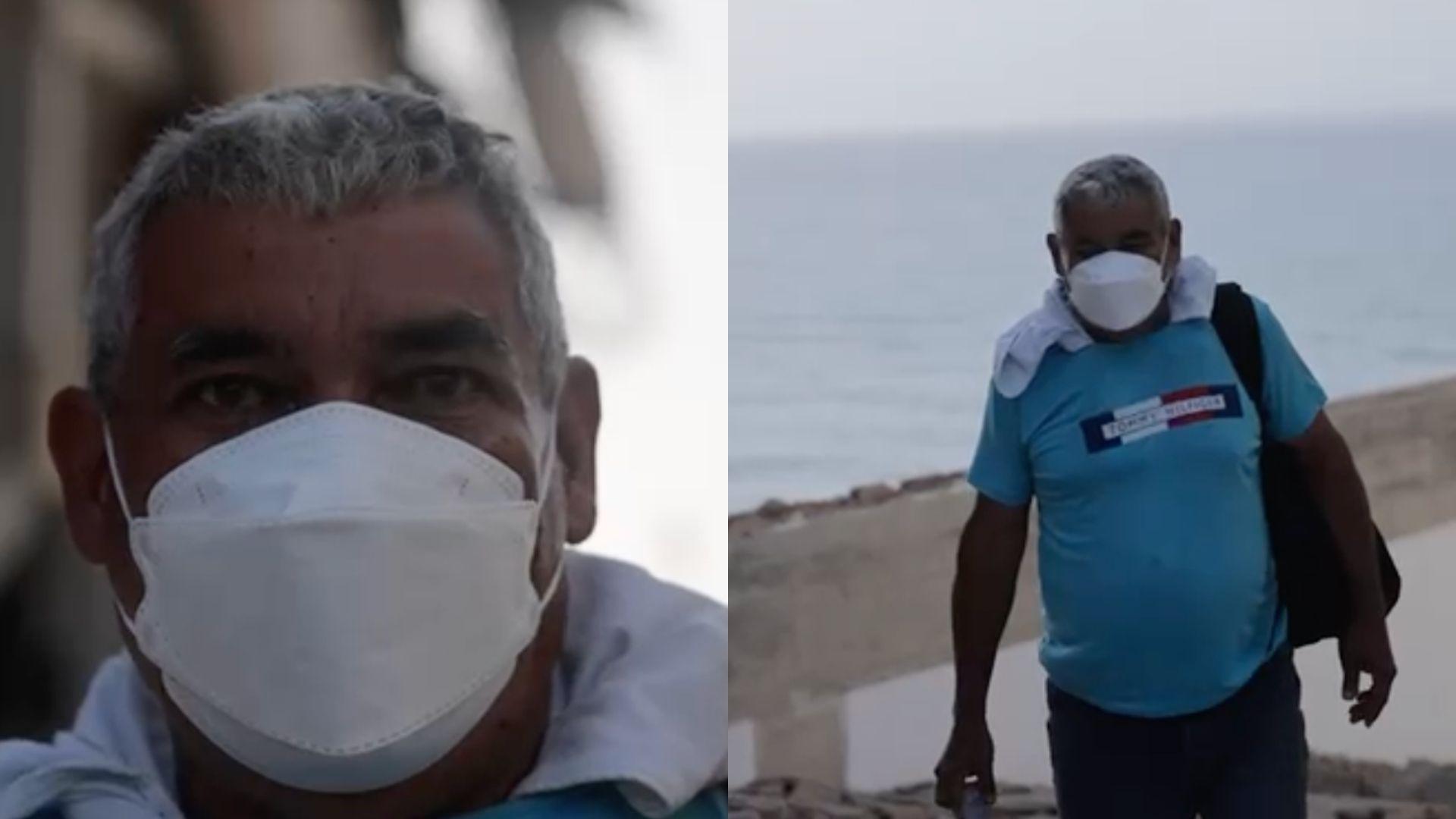 Two photos: one showing only a close up of a mans face you can only see his eyes as he is wearing a white mask. The other  showing almost the full body of Jesús, wearing a face mask, a blue T-shirt, and trousers.