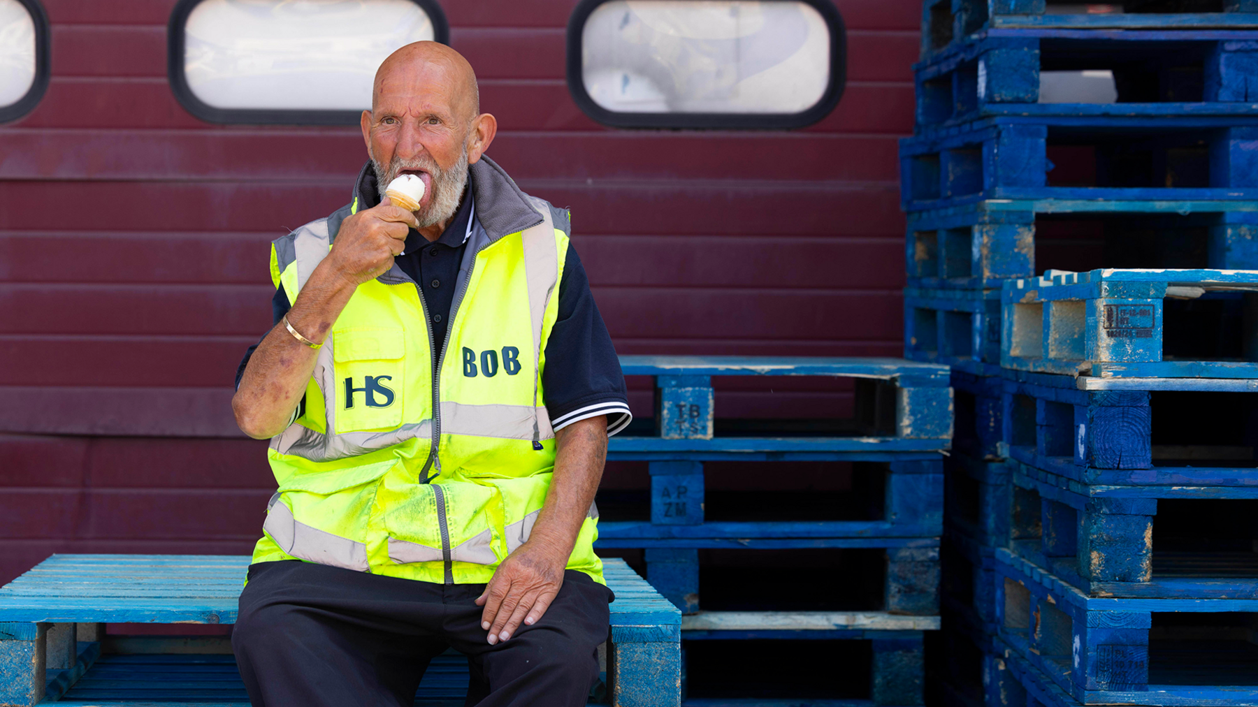 Bob enjoys a free ice cream handed out at TradePoint Barking in London as part of a B&Q TradePoint giveaway with more than 1,000 ice creams offered at selected stores across the UK, supporting trade workers during what is expected to be the hottest day of the year so far