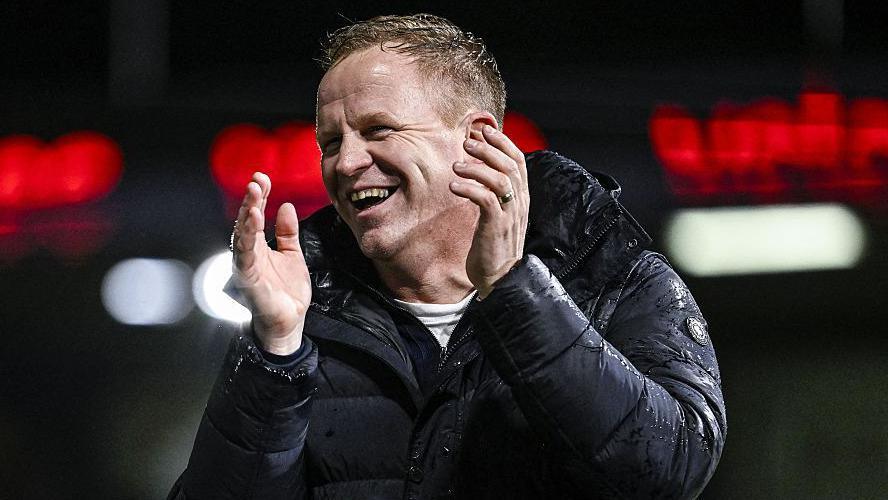 STVV's head coach Wouter Vrancken celebrates after winning a soccer match between KVC Westerlo and STVV, Friday 06 February 2026 in Westerlo, on day 24 of the 2025-2026 'Jupiler Pro League' first division of the Belgian championship