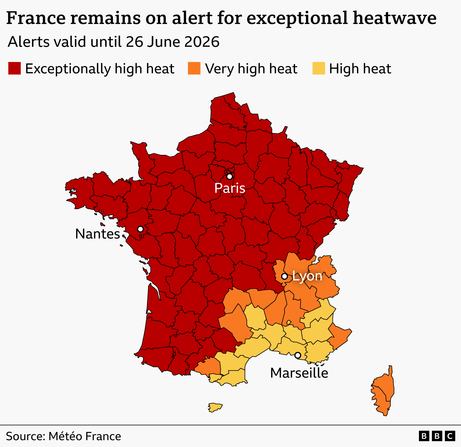 Red-alert areas showing in much of France on Thursday