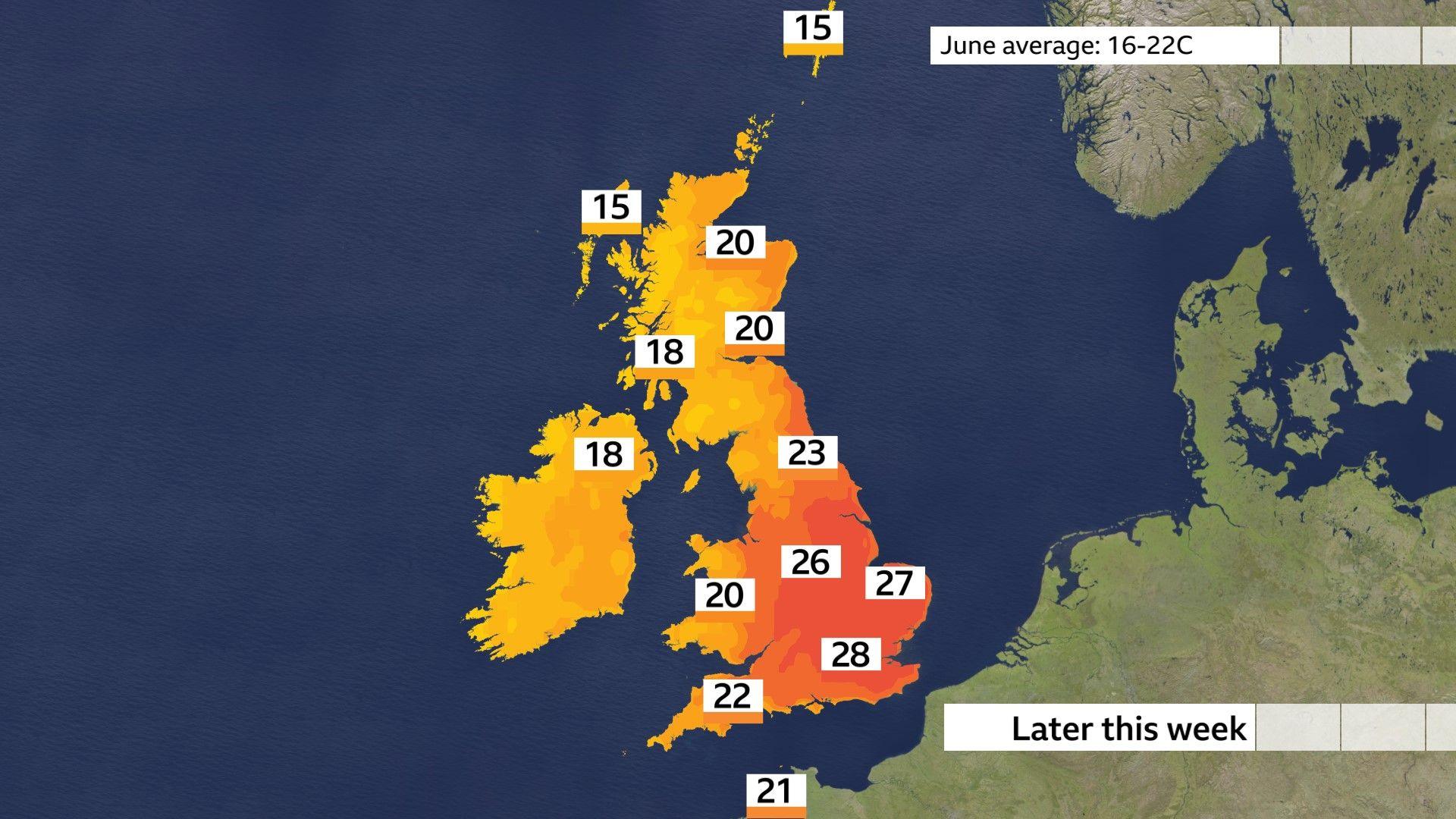 UK temperature map for later this week shows highs of 15 to 22 Celsius in the west, 20 to 28 Celsius in the east