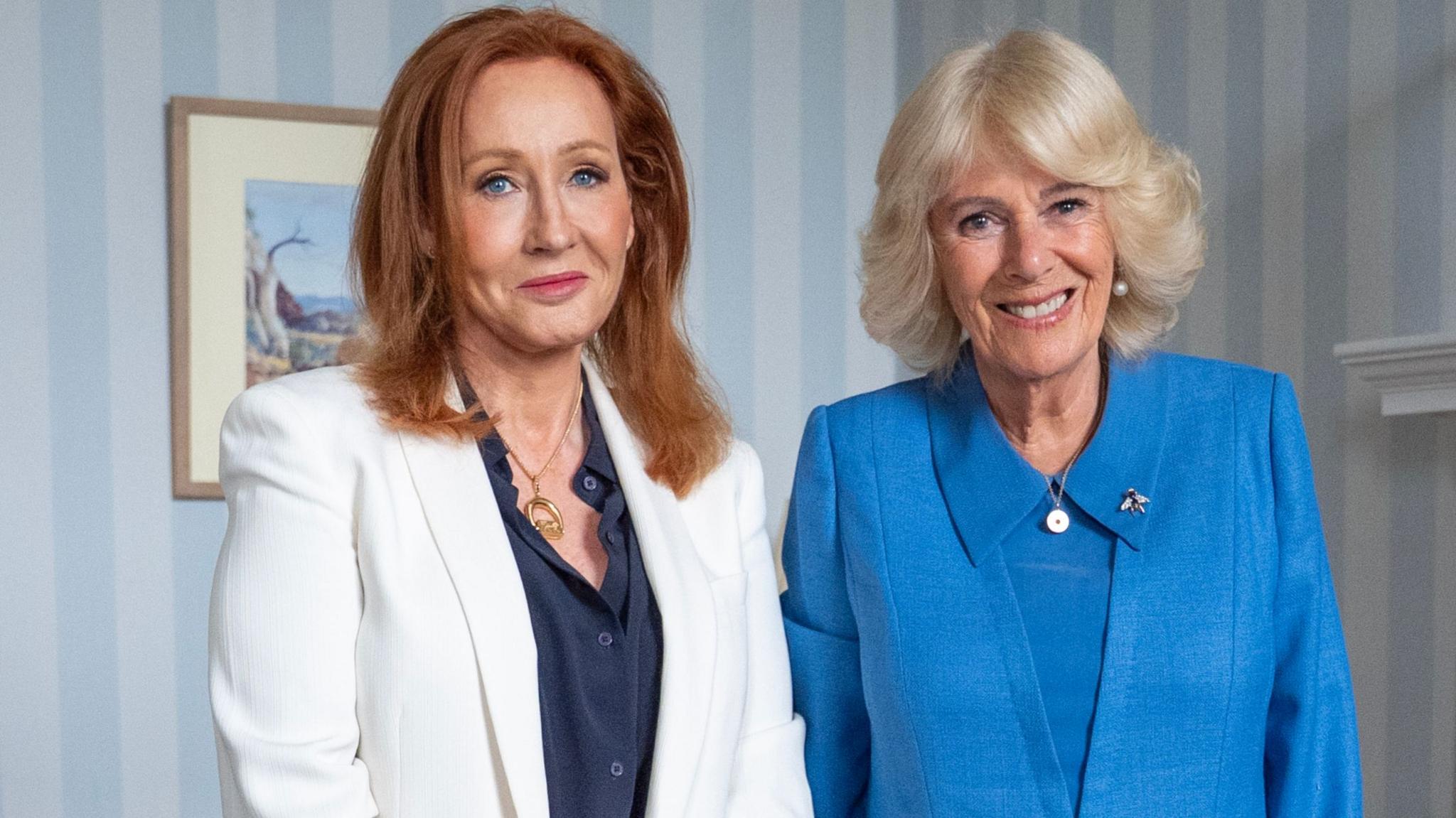 JK Rowling and Queen Camilla meeting at the Palace of Holyroodhouse