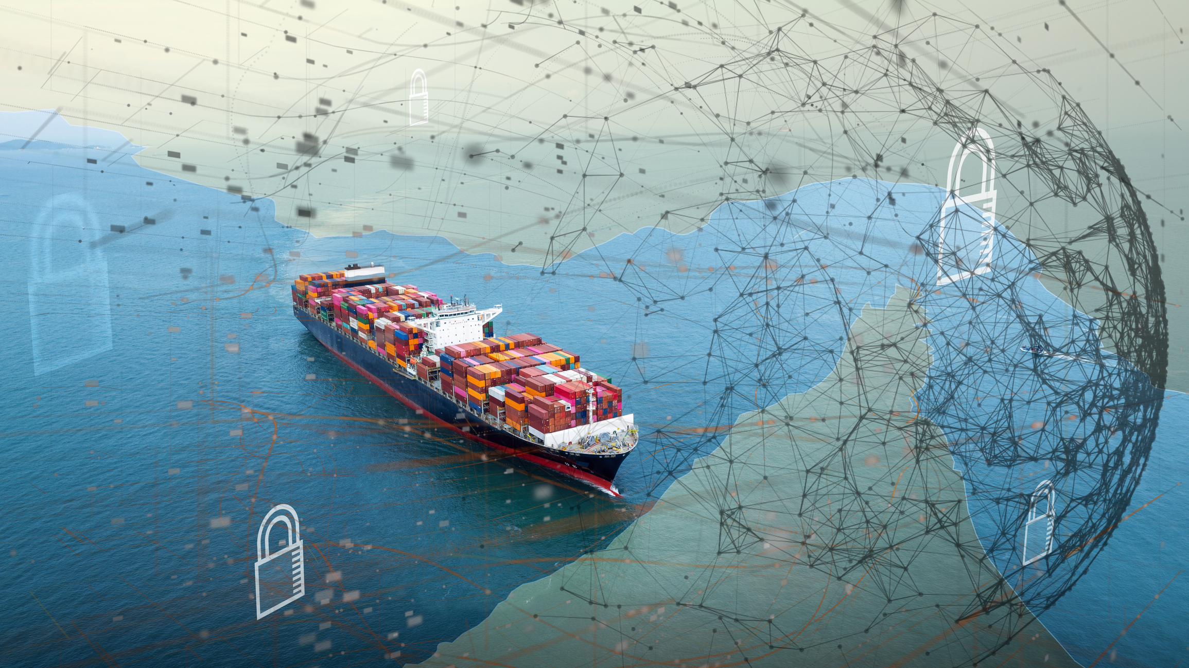 Container ship with security lock overlay over image of Strait of Hormuz, indicating supply constraints and rising oil prices