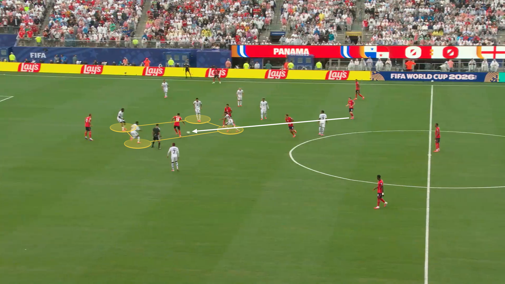 A screen grab from England v Panama. This shows Bellingham between the lines with minimal space.