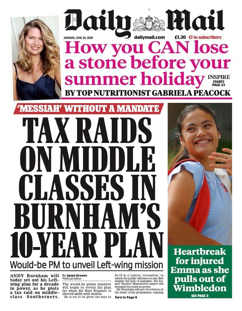 "Tax raids on middle classes in Burnham's 10-year plan" reads the headline on the front page of the Daily Mail.