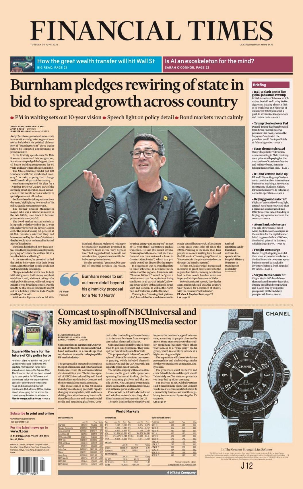 "Burnham pledges rewiring of state in bid to spread growth across country" reads the headline on the front page of the Financial Times.