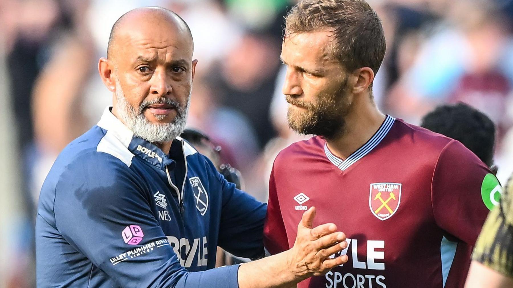 West Ham United boss Nuno Espirito Santo consoles midfielder Tomas Soucek after their relegation from the Premier League