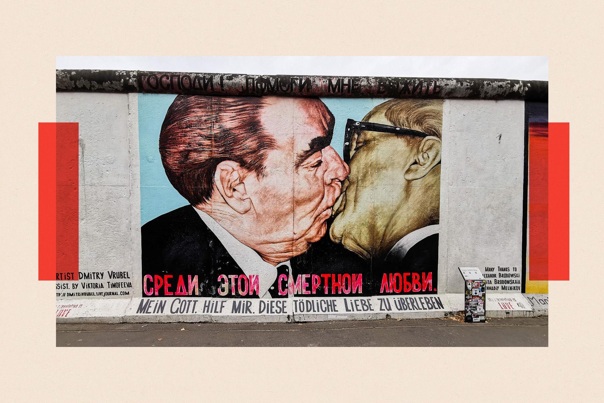 A mural on the Berlin Wall showing Leonid Brezhnev and Erich Honecker kissing