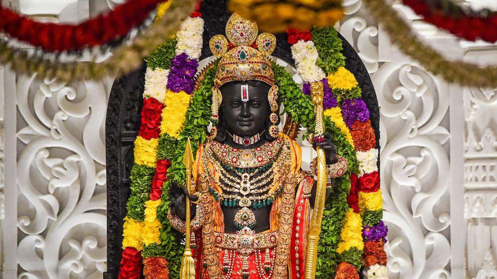 A view of the idol of the Hindu god Ram after the consecration at the Ram Mandir on January 22, 2024 in Ayodhya, India