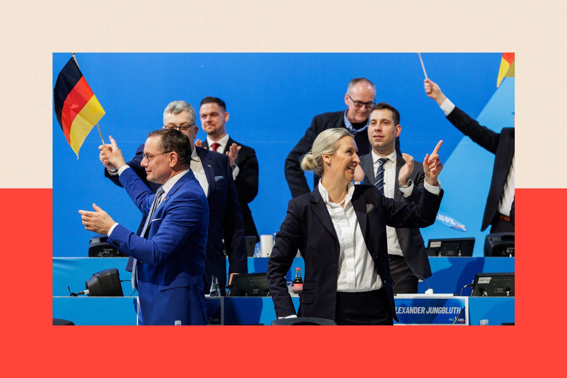 Alice Weidel (R) and Tino Chrupalla (L), co-leaders of Germany's far-right Alternative for Germany (AfD) party, stand on the stage during an AfD congress