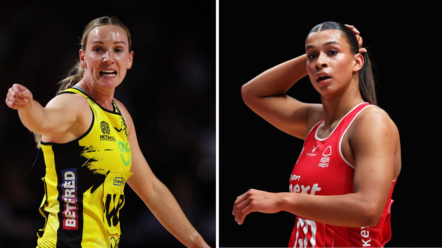Split image of Natalie Metcalf and Jayda Pechova playing netball