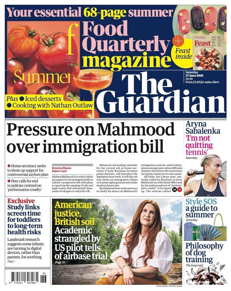 The headline on the front page of the Guardian reads: "Pressure on Mahmood over immigration bill."