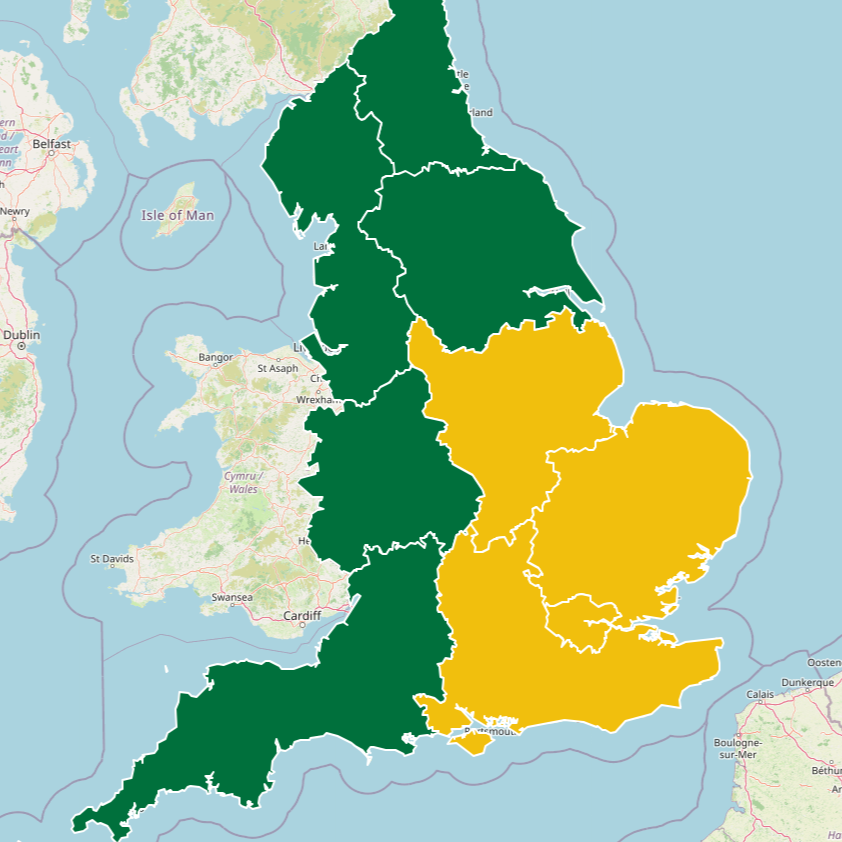 A map of England showing yellow heat health alerts for the East Midlands, East of England, London and the south-east