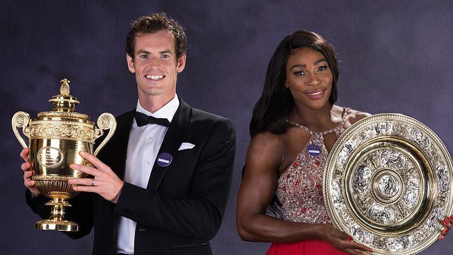 Andy Murray and Serena Williams with their Wimbledon trophies and dressed up for the ball