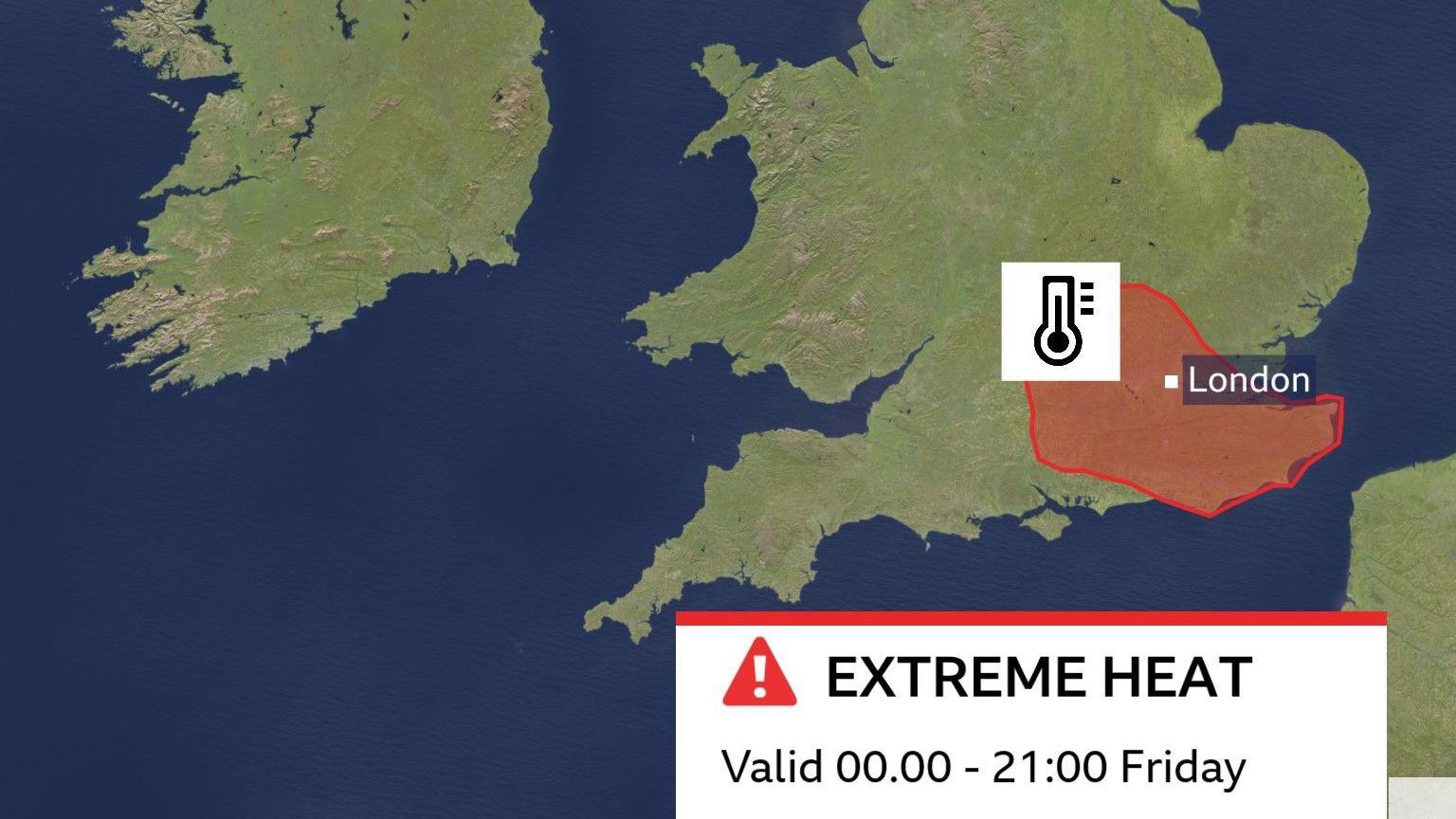 Map showing the red warning area in the south and east of the UK issued by the Met Office