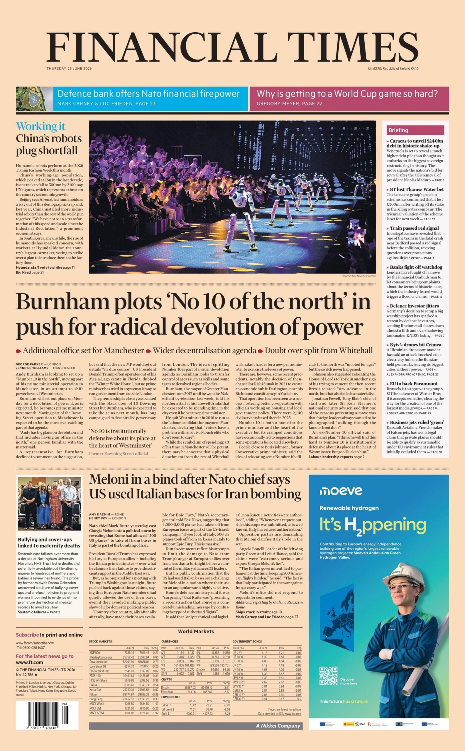 "Burnham plots 'No 10 of the north' in push for radical devolution of power," reads the headline on the front page of the Financial Times.
