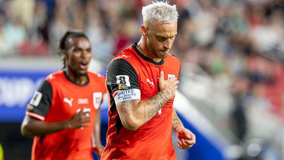 Marko Arnautovic celebrates scoring during the FIFA World Cup 2026 Group J match between Austria and Jordan on June 16, 2026