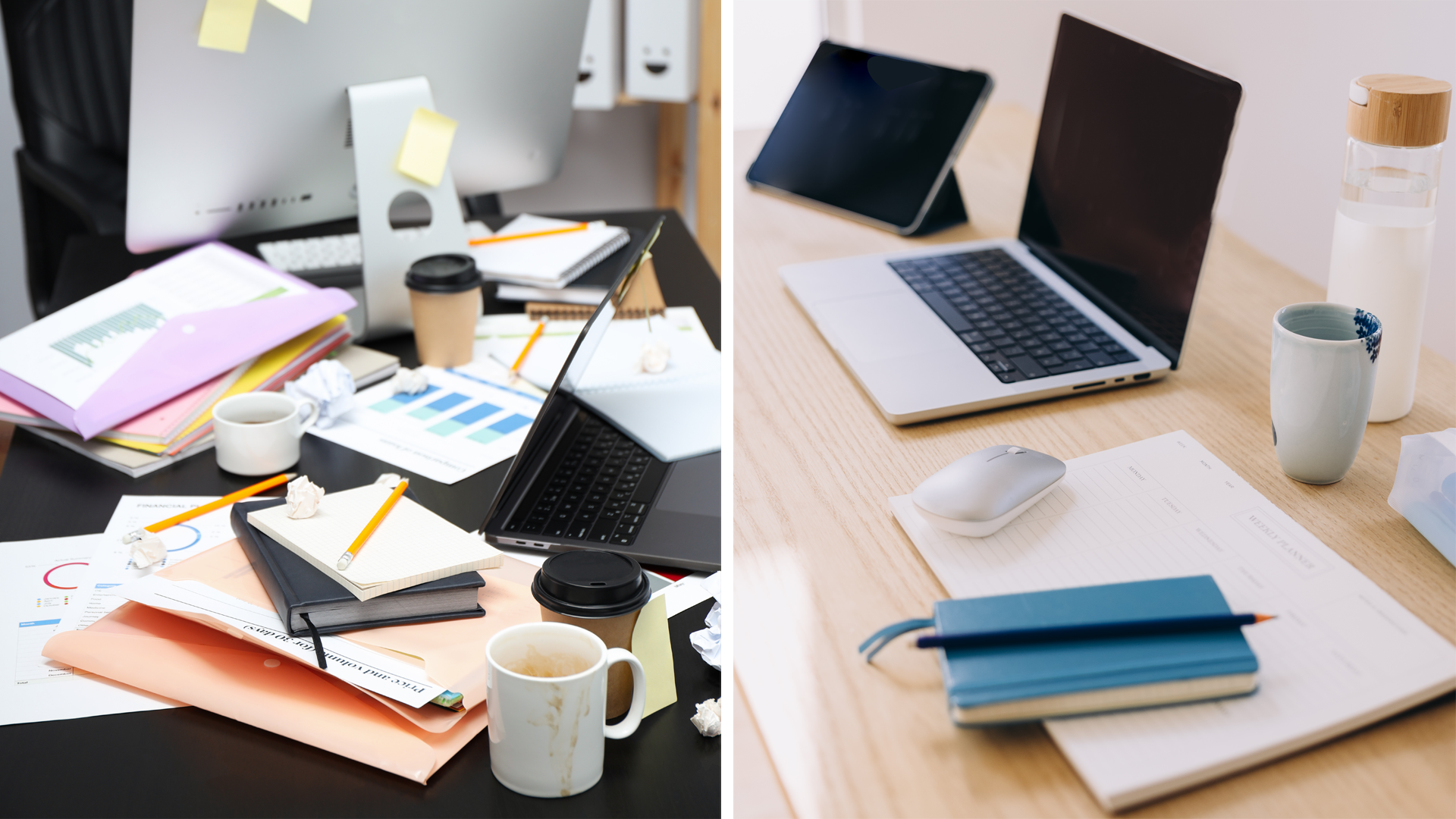 Two desks shown side by side, with work items in the foreground. The left desk is cluttered with notebooks, loose papers, sticky notes, coffee cups, and an open laptop. The right desk is neatly arranged with a closed notebook, a laptop, tablet, mouse, water bottle, and a mug placed on a clear surface.