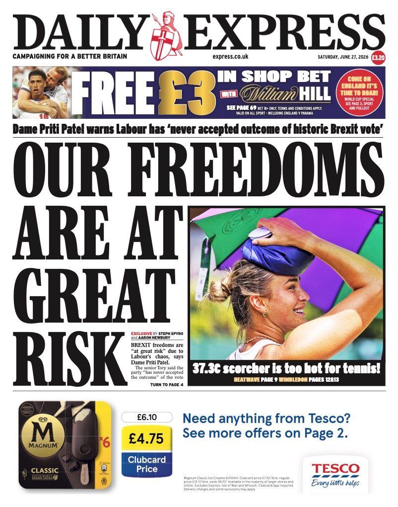 The headline on the front page of the Daily Express reads: "Our freedoms are at great risk."