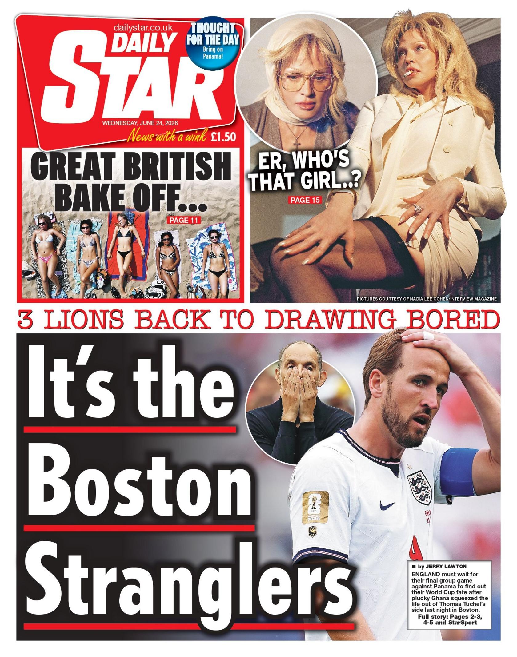 "3 Lions back to drawing bored: It's the Boston Stranglers," reads the headline on the front page of the Daily Star.